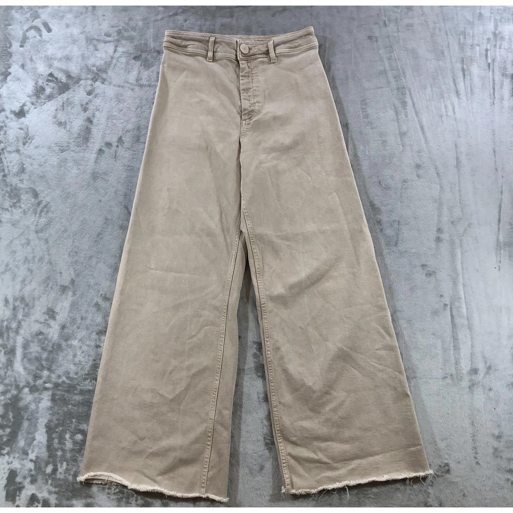 Zara Pants Womens 6 Beige Twill Chino Cropped Wide Leg High Rise Raw Hem Casual